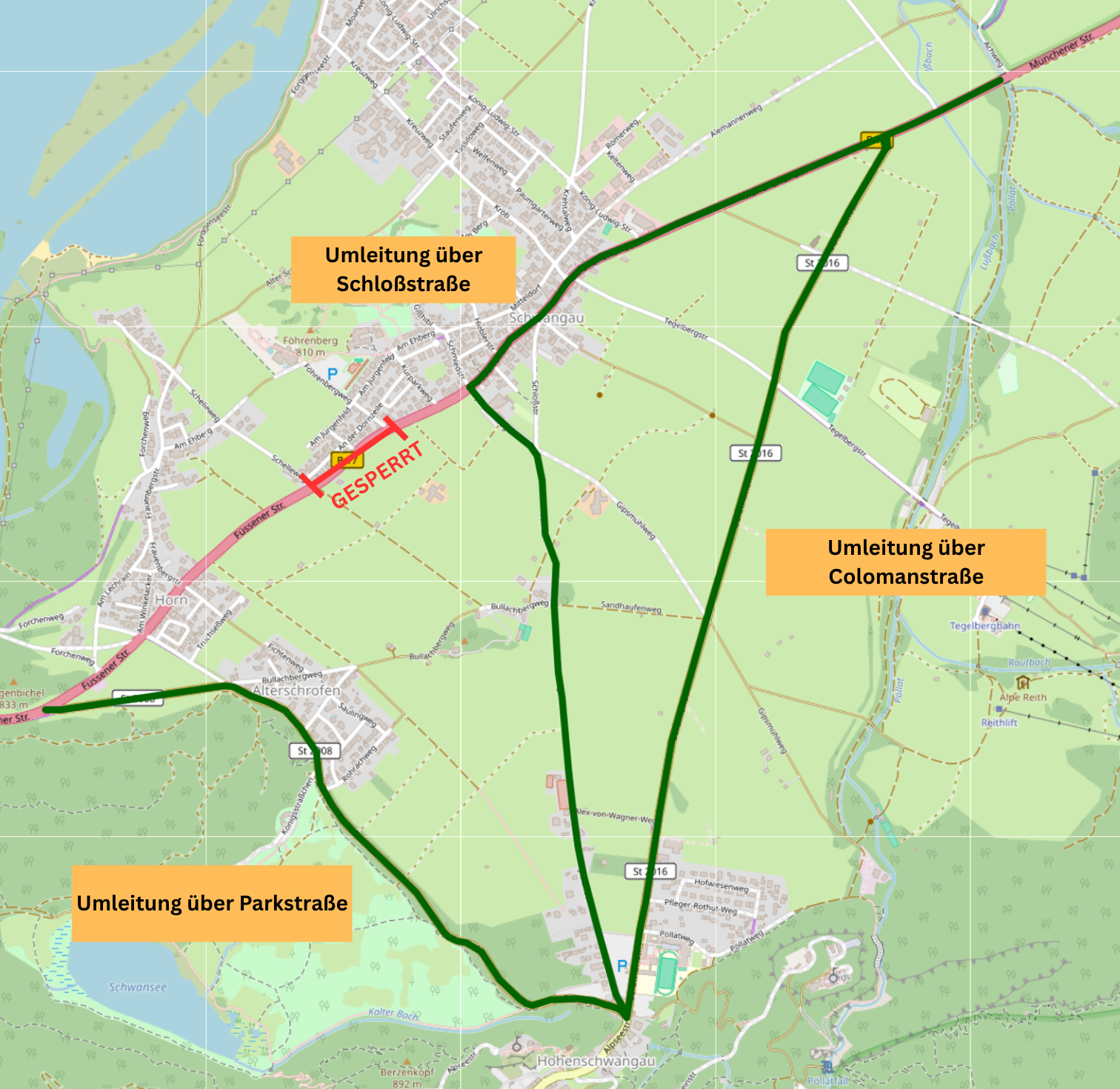Übersichtsplan der Umleitungsstrecke über Hohenschwangau